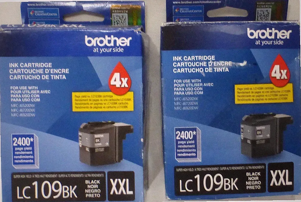 (2) Genuine Brother LC109BK Black Ink Cartridges, Super High Yield, NEW-Open Box
